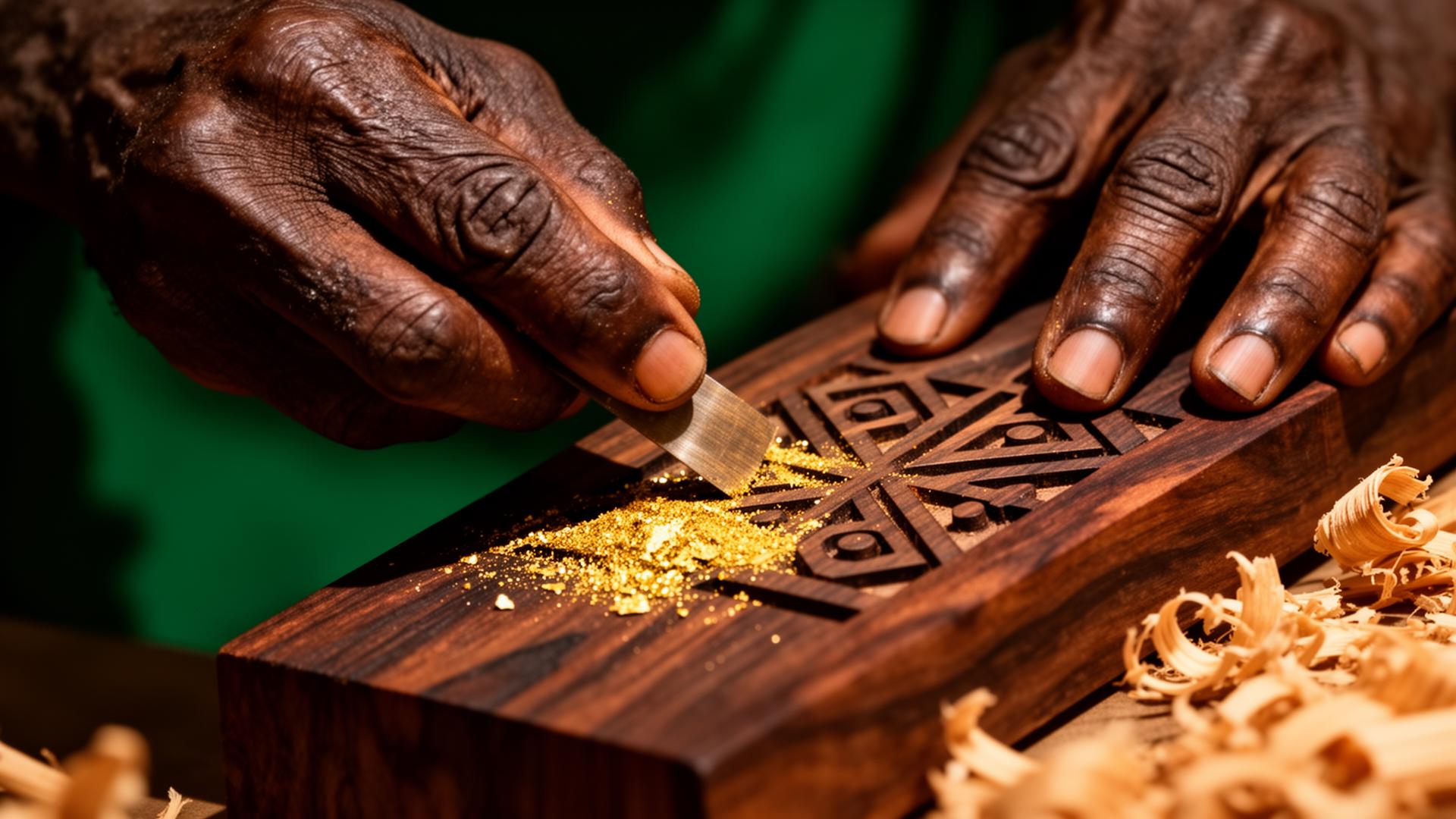 Hands carving Adinkra symbols into mahogany