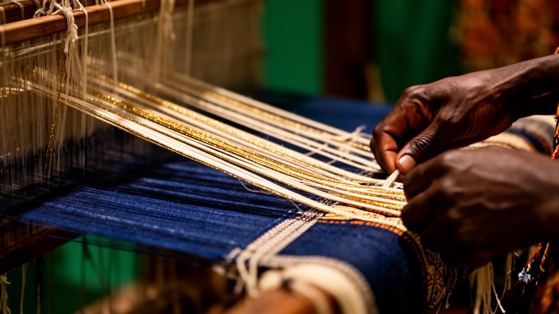 West African handloom weaving gold and indigo threads